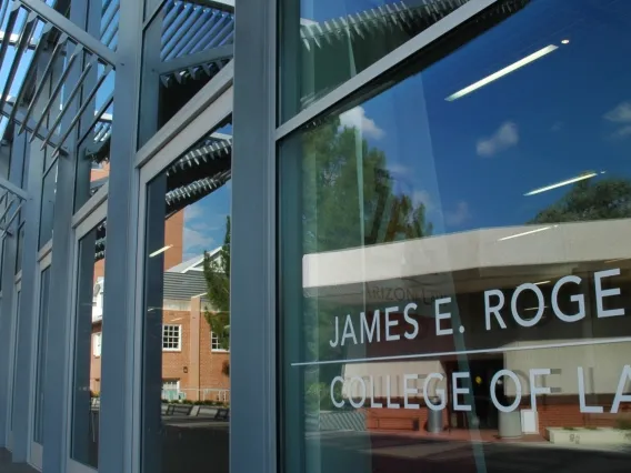 Exterior view of the front entrance to the James E. Rogers College of Law