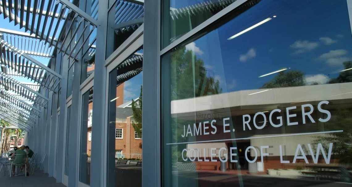 Exterior view of the front entrance to the James E. Rogers College of Law